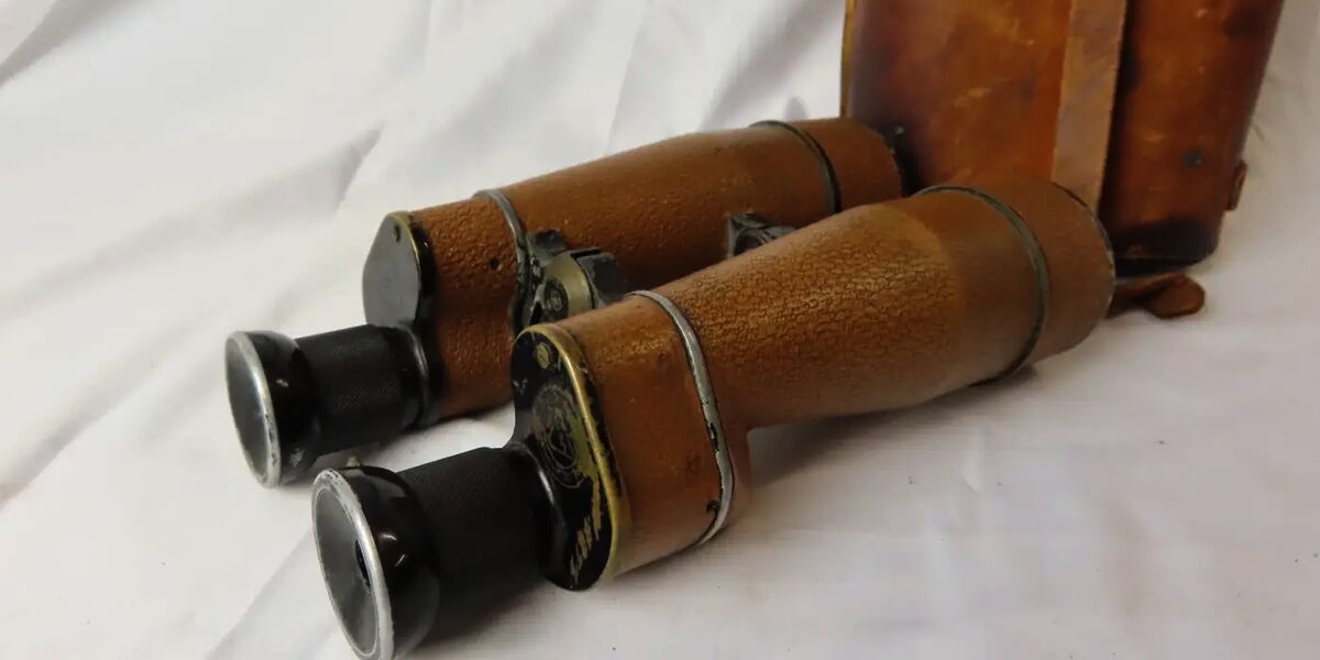 A pair of antique brass and leather binoculars resting beside their fitted leather case