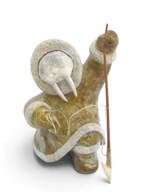 Alaskan Inuit Kneeling Walrus Shaman Hunter Soapstone & Antler Sculpture, photo 1 of 11