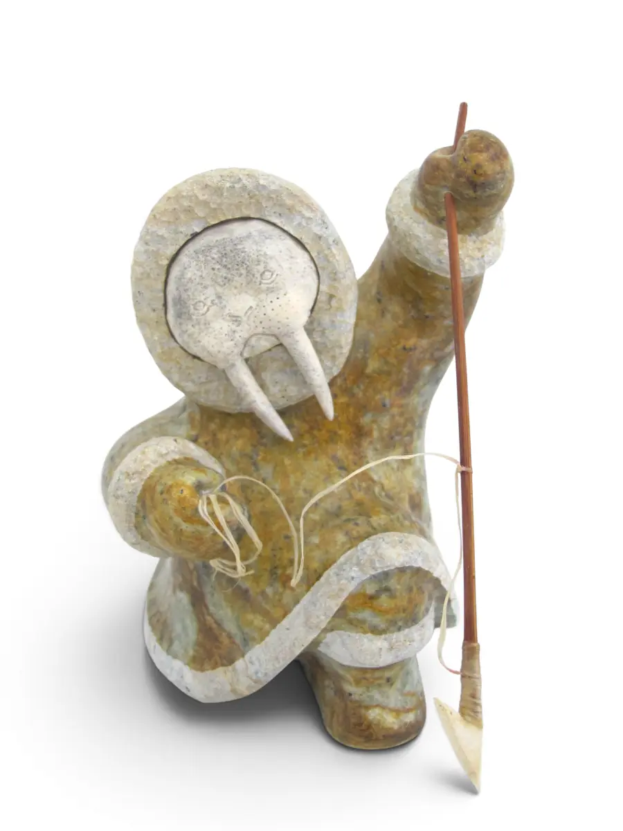 Alaskan Inuit Kneeling WALRUS Shaman HUNTER Soapstone & Antler Sculpture