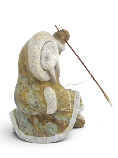 Alaskan Inuit Kneeling Walrus Shaman Hunter Soapstone & Antler Sculpture, photo 2 of 11