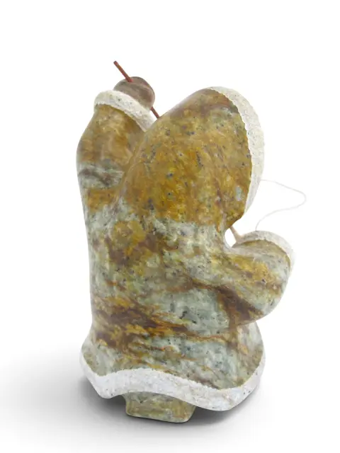 Alaskan Inuit Kneeling Walrus Shaman Hunter Soapstone & Antler Sculpture, photo 3 of 11