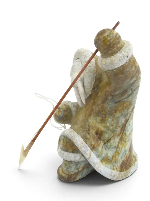 Alaskan Inuit Kneeling Walrus Shaman Hunter Soapstone & Antler Sculpture, photo 6 of 11