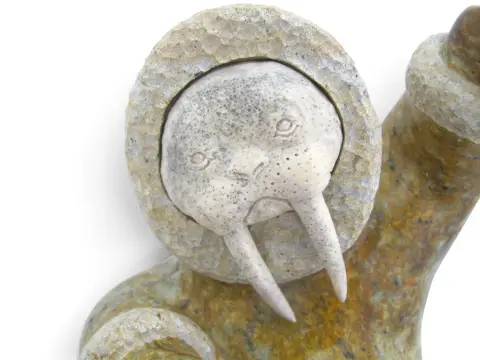 Alaskan Inuit Kneeling Walrus Shaman Hunter Soapstone & Antler Sculpture, photo 7 of 11
