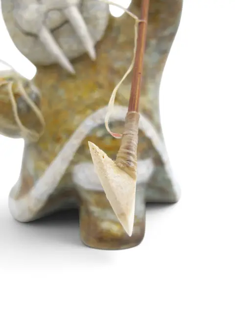 Alaskan Inuit Kneeling Walrus Shaman Hunter Soapstone & Antler Sculpture, photo 8 of 11