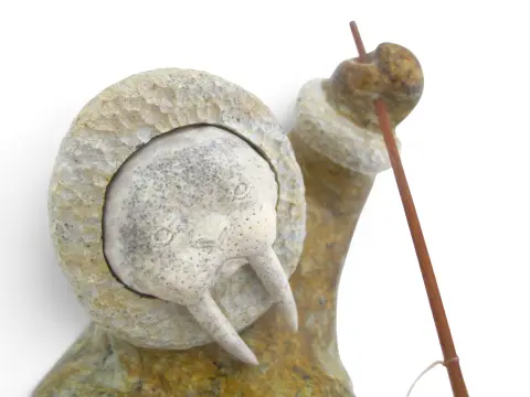Alaskan Inuit Kneeling Walrus Shaman Hunter Soapstone & Antler Sculpture, photo 10 of 11