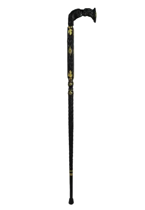 Alligator Carved Wood Gold Leaf Amber Inlaid Black Lacquer Walking Stick Cane, photo 2 of 12