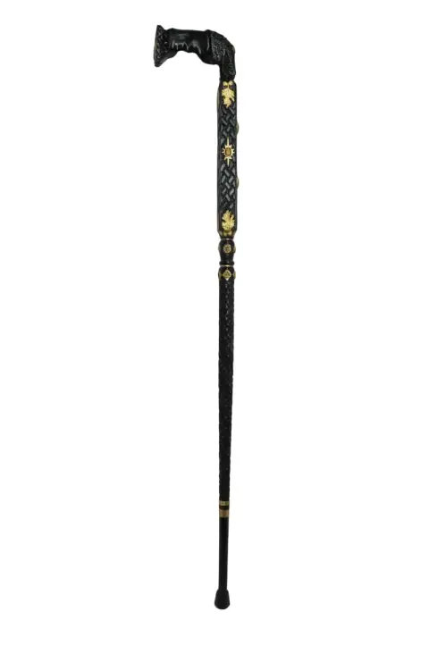 Alligator Carved Wood Gold Leaf Amber Inlaid Black Lacquer Walking Stick Cane, photo 3 of 12