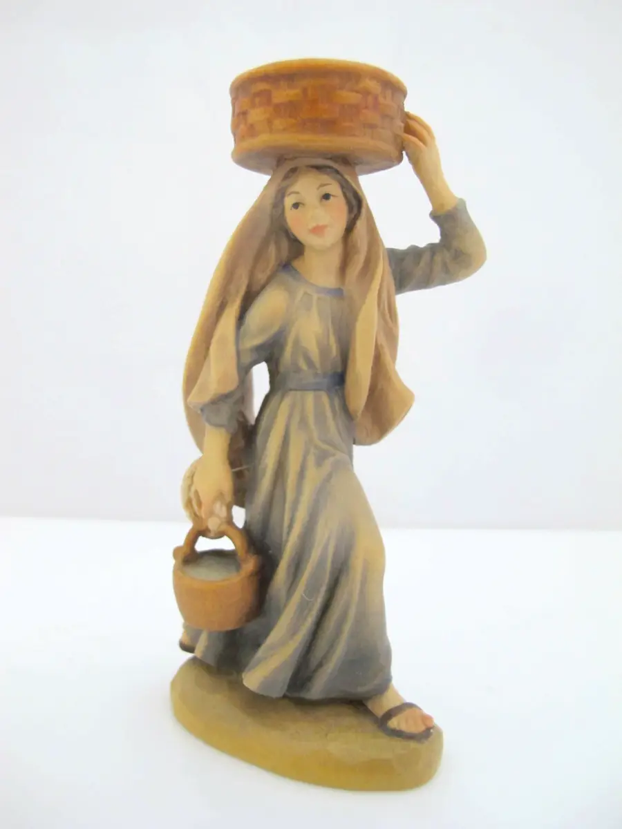 ANRI Italy Ulrich Bernardi Wood SHEPARDESS with Fruit Basket Nativity Figurine