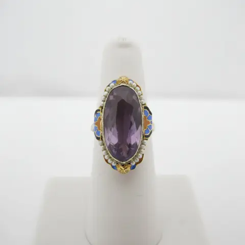 Antique Art Deco 14k Gold Enamel Flower Amethyst & Seed Pearl Ring, photo 1 of 10