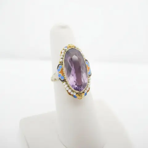 Antique Art Deco 14k Gold Enamel Flower Amethyst & Seed Pearl Ring, photo 2 of 10
