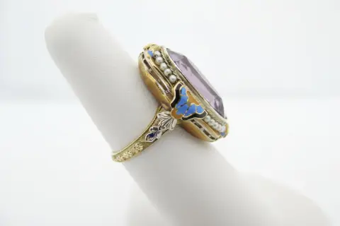 Antique Art Deco 14k Gold Enamel Flower Amethyst & Seed Pearl Ring, photo 3 of 10
