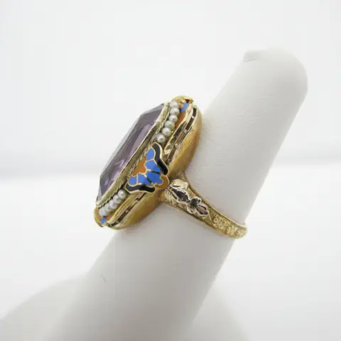 Antique Art Deco 14k Gold Enamel Flower Amethyst & Seed Pearl Ring, photo 4 of 10