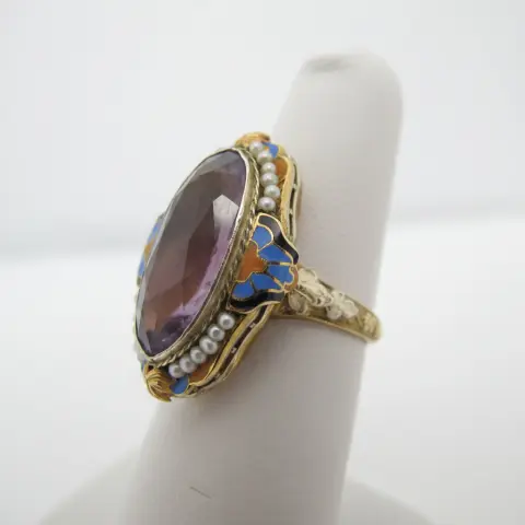 Antique Art Deco 14k Gold Enamel Flower Amethyst & Seed Pearl Ring, photo 5 of 10