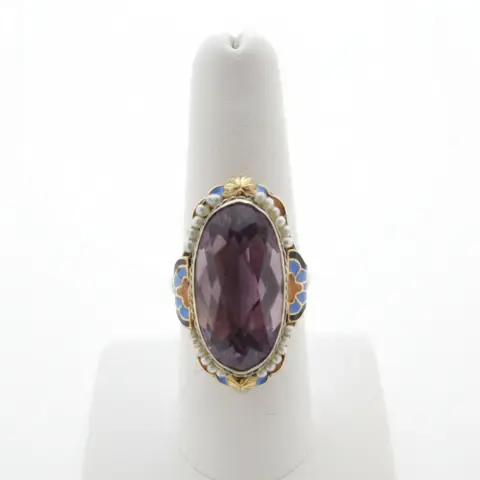 Antique Art Deco 14k Gold Enamel Flower Amethyst & Seed Pearl Ring, photo 6 of 10
