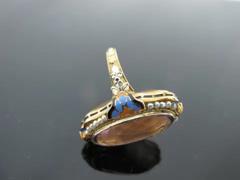 Antique Art Deco 14k Gold Enamel Flower Amethyst & Seed Pearl Ring, photo 9 of 10