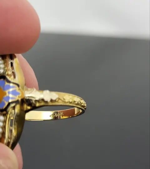 Antique Art Deco 14k Gold Enamel Flower Amethyst & Seed Pearl Ring, photo 10 of 10