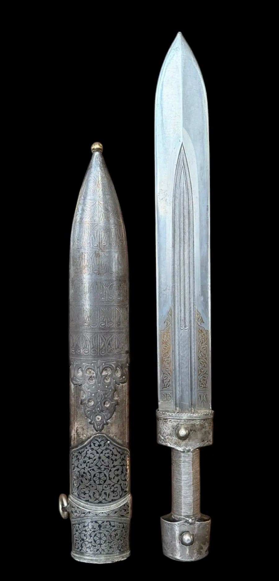 Antique Authentic 19thC Caucasian Khanjali Dagger Gilt & Silver Niello Scabbard