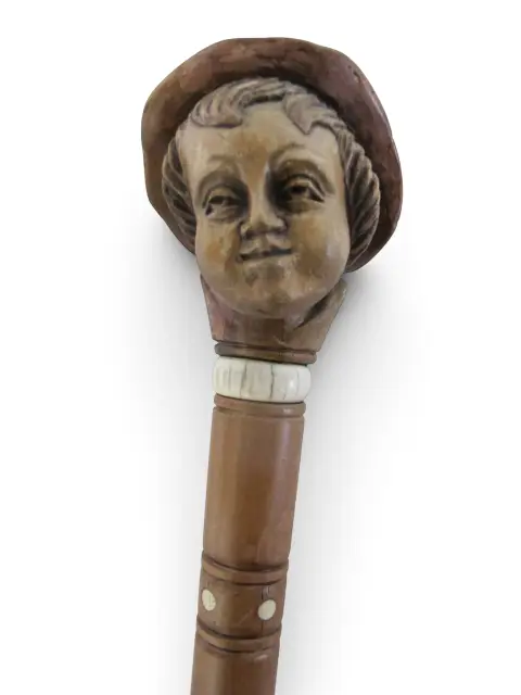 Antique Folk Art Hand Carved Wood Young Male Alpine Hat Boy Walking Stick Cane, photo 1 of 11