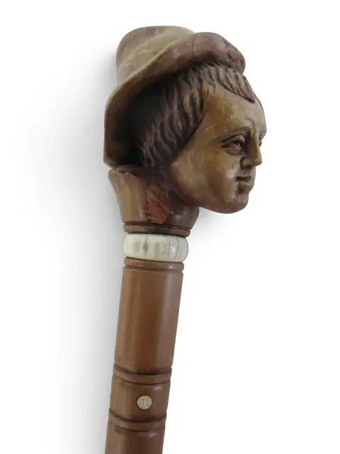 Antique Folk Art Hand Carved Wood Young Male Alpine Hat Boy Walking Stick Cane, photo 3 of 11