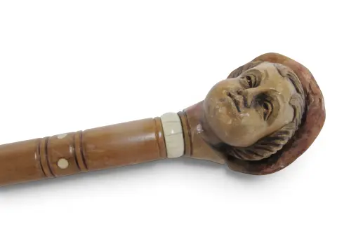 Antique Folk Art Hand Carved Wood Young Male Alpine Hat Boy Walking Stick Cane, photo 5 of 11