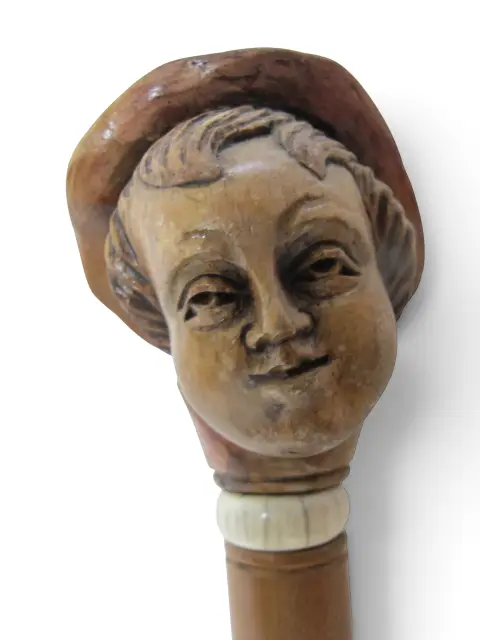 Antique Folk Art Hand Carved Wood Young Male Alpine Hat Boy Walking Stick Cane, photo 6 of 11