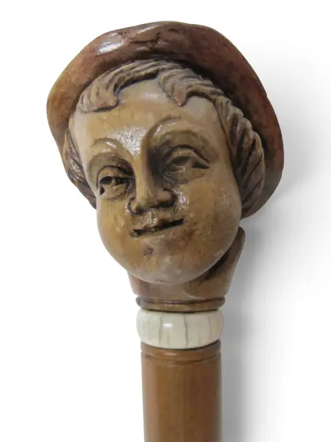 Antique Folk Art Hand Carved Wood Young Male Alpine Hat Boy Walking Stick Cane, photo 7 of 11