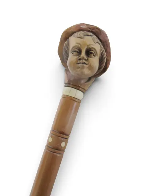 Antique Folk Art Hand Carved Wood Young Male Alpine Hat Boy Walking Stick Cane, photo 8 of 11