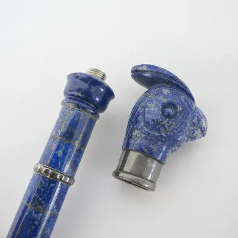 Antique Lapis Lazuli Silver Mounted Bird Head Handle Russian Walking Stick Cane, photo 8 of 9