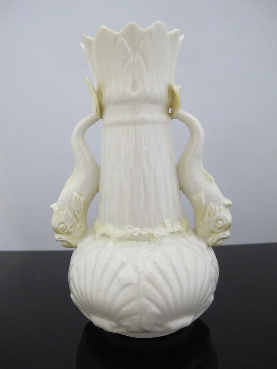 BELLEEK Double DOLPHIN Handle Luster Spill Vase 1965-1980 Green 6th Mark