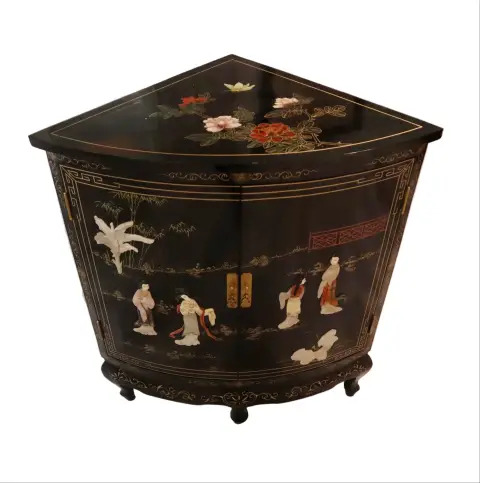 Black Lacquer Chinese Corner Cabinet With Inlaid Stone, photo 2 of 10