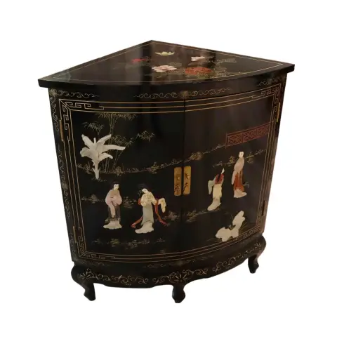 Black Lacquer Chinese Corner Cabinet With Inlaid Stone, photo 5 of 10