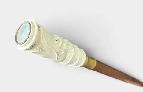 Carved Bone Chinese Dragon W/ Compass In Mouth Walking Stick Cane, photo 1 of 6