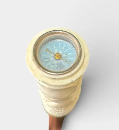 Carved Bone Chinese Dragon W/ Compass In Mouth Walking Stick Cane, photo 2 of 6