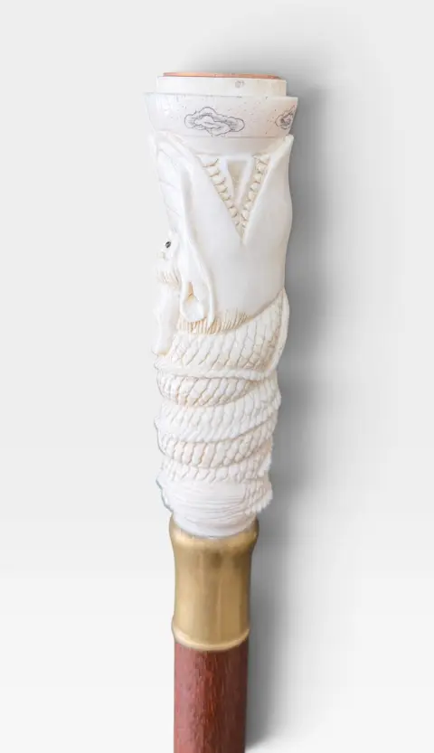 Carved Bone Chinese Dragon W/ Compass In Mouth Walking Stick Cane, photo 3 of 6
