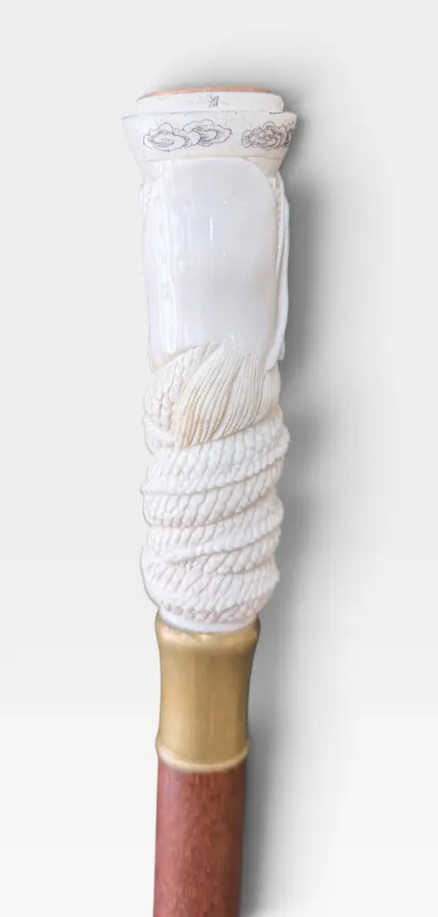 Carved Bone Chinese Dragon W/ Compass In Mouth Walking Stick Cane, photo 4 of 6