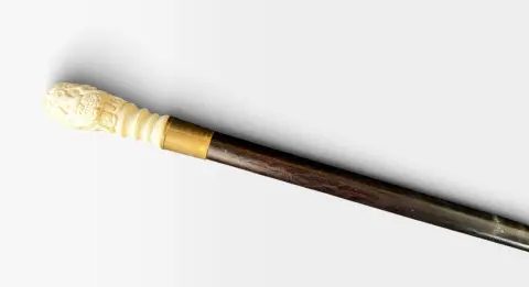Carved Bone Erotic Masked Man Early 20th Century Walking Stick Cane, photo 1 of 6