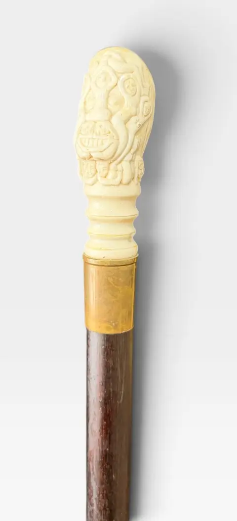 Carved Bone Erotic Masked Man Early 20th Century Walking Stick Cane, photo 2 of 6