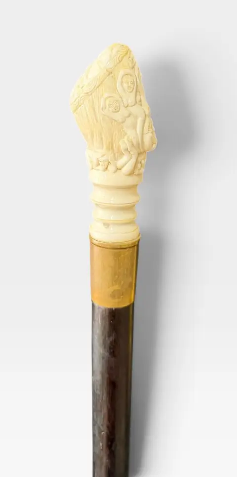 Carved Bone Erotic Masked Man Early 20th Century Walking Stick Cane, photo 3 of 6