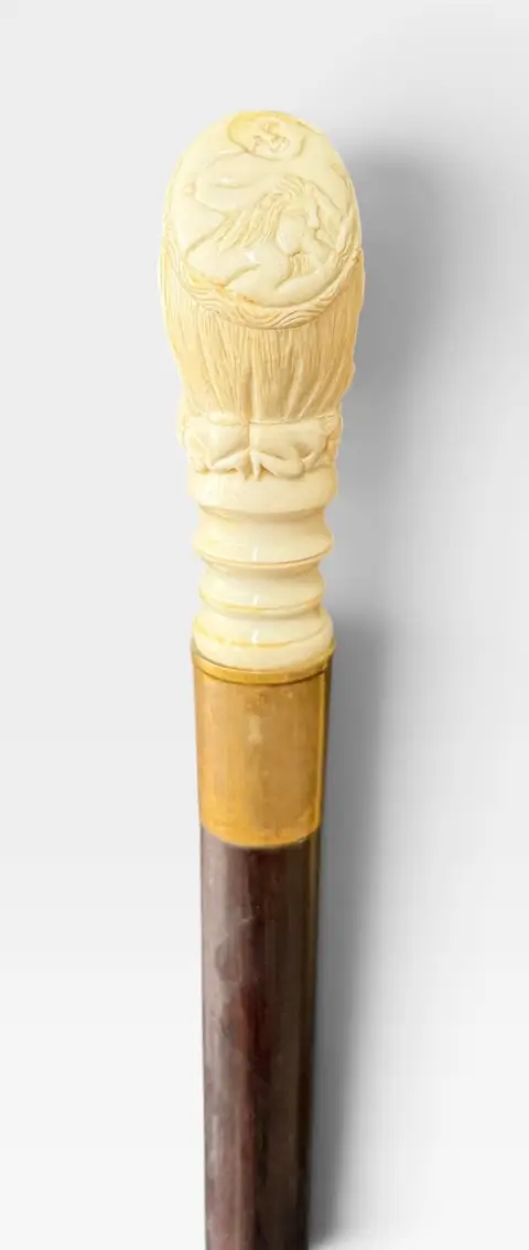 Carved Bone Erotic Masked Man Early 20th Century Walking Stick Cane, photo 4 of 6