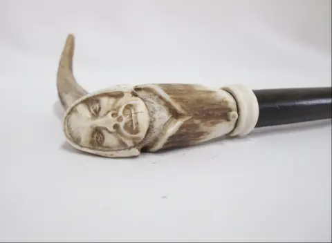 Carved Deer Antler Grim Reaper Face Hidden Blade Folk Art Walking Stick Cane, photo 1 of 12