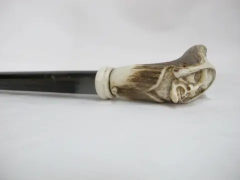 Carved Deer Antler Grim Reaper Face Hidden Blade Folk Art Walking Stick Cane, photo 2 of 12