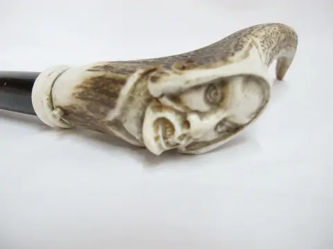 Carved Deer Antler Grim Reaper Face Hidden Blade Folk Art Walking Stick Cane, photo 3 of 12