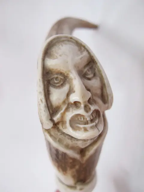 Carved Deer Antler Grim Reaper Face Hidden Blade Folk Art Walking Stick Cane, photo 5 of 12