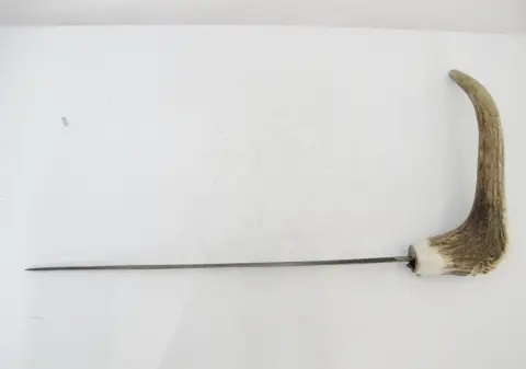 Carved Deer Antler Grim Reaper Face Hidden Blade Folk Art Walking Stick Cane, photo 7 of 12