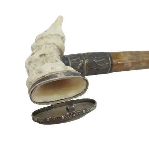 Carved Deer Stag Antler Snuff Box Walking Stick Cane With Hidden Corkscrew, photo 5 of 10