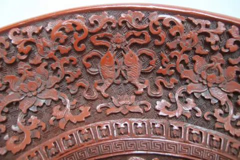 Chinese Carved Cinnabar Red Lacquer Lotus Bat Fish Design 11 1/4" Charger Plate, photo 7 of 12