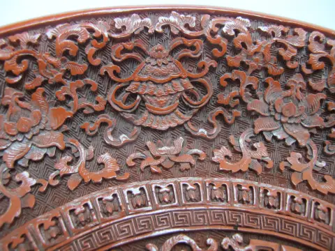 Chinese Carved Cinnabar Red Lacquer Lotus Bat Fish Design 11 1/4" Charger Plate, photo 8 of 12