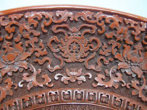 Chinese Carved Cinnabar Red Lacquer Lotus Bat Fish Design 11 1/4" Charger Plate, photo 9 of 12