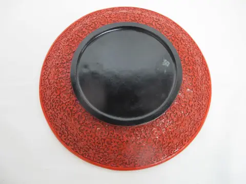 Chinese Carved Cinnabar Red Lacquer Lotus Bat Fish Design 11 1/4" Charger Plate, photo 11 of 12