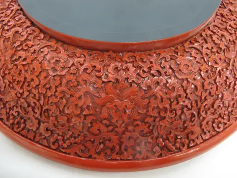 Chinese Carved Cinnabar Red Lacquer Lotus Bat Fish Design 11 1/4" Charger Plate, photo 12 of 12